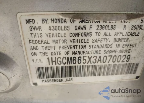 2003 Honda Accord 3.0 Ex из США, поврежденный, VIN 1HGCM665X3A070029